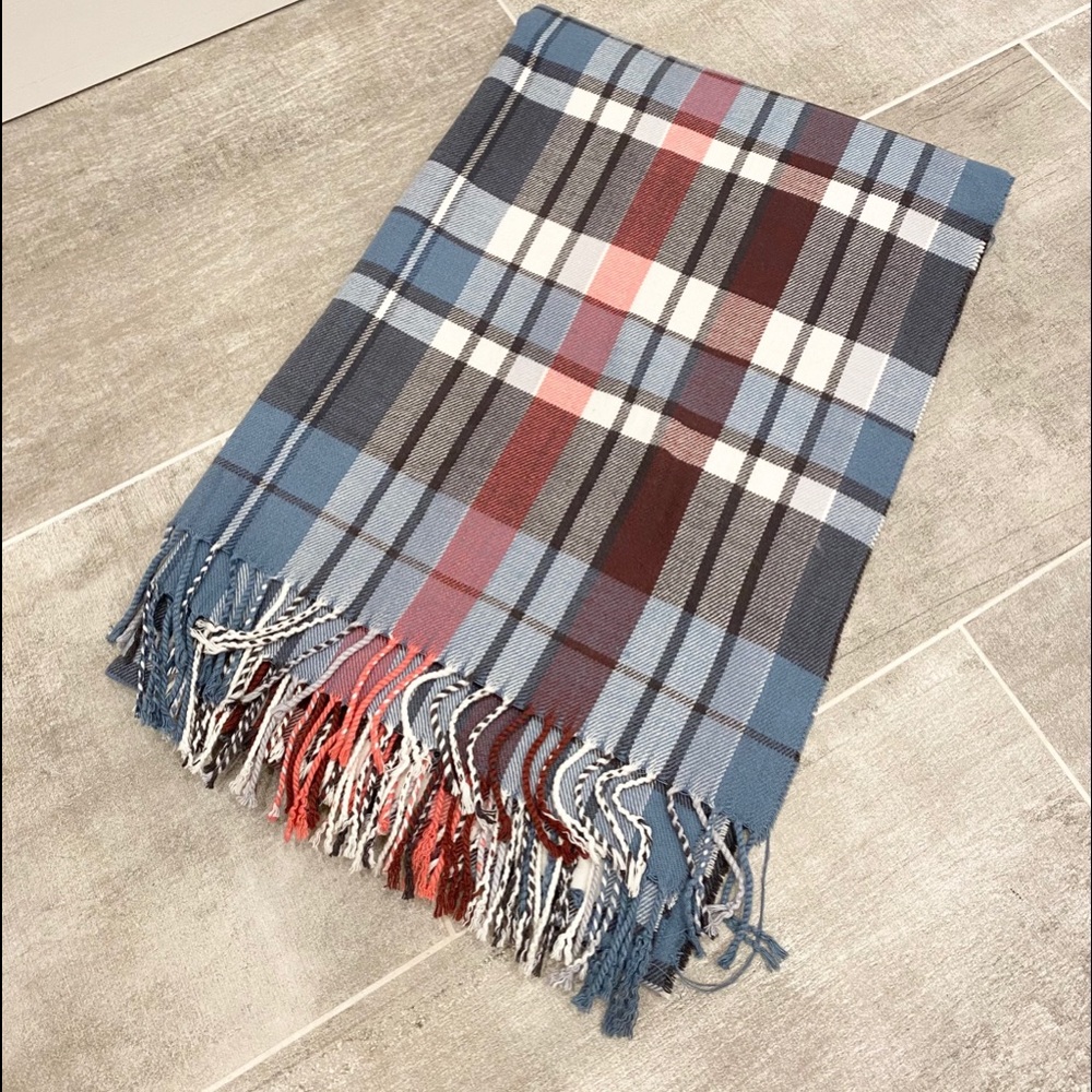 Blue and pink plaid fringe blanket scarf